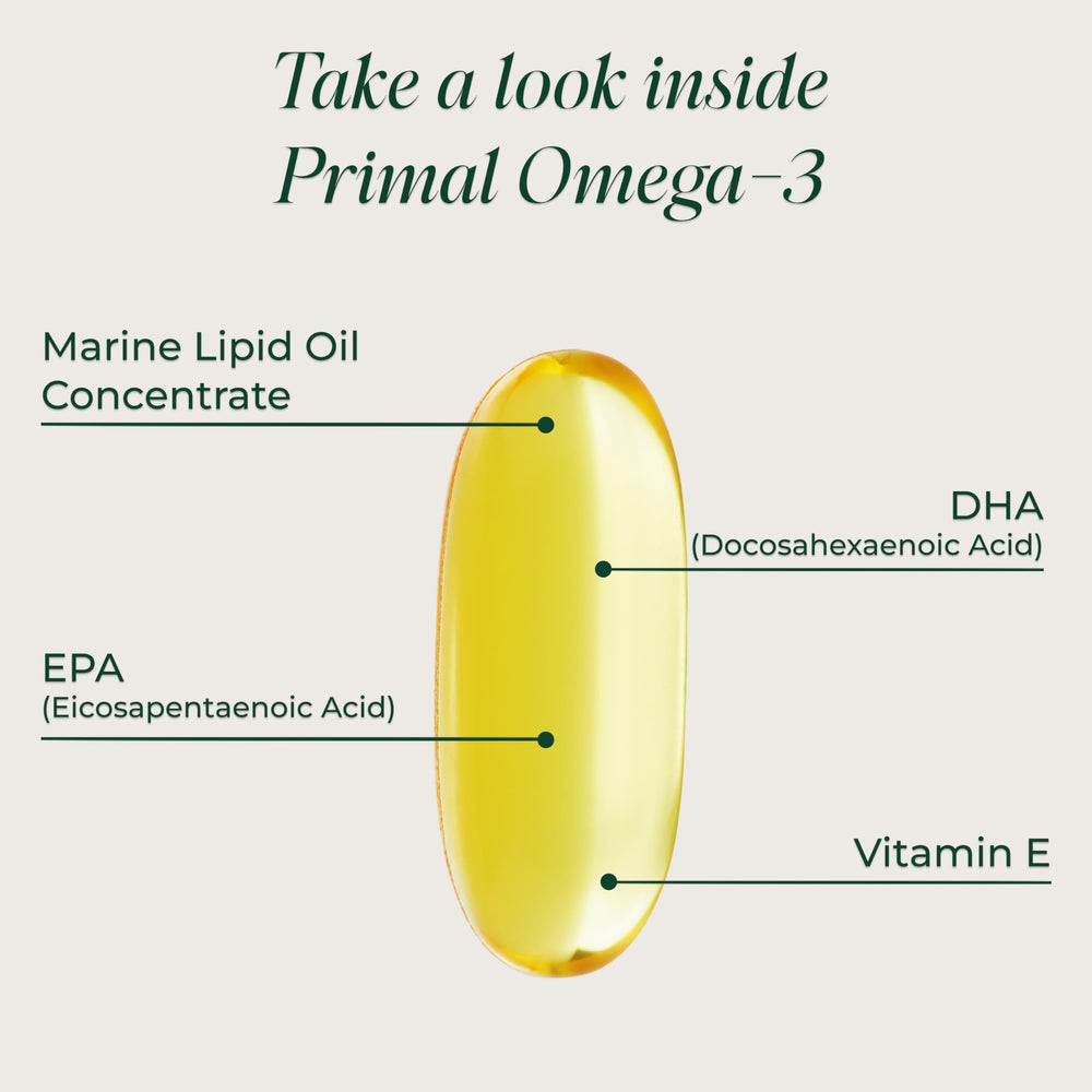 Primal Harvest bottle open with softgels on palm demonstrating daily use