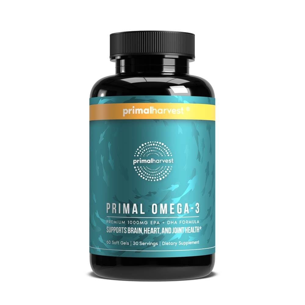 Primal Harvest front label showing EPA and DHA amounts and benefits