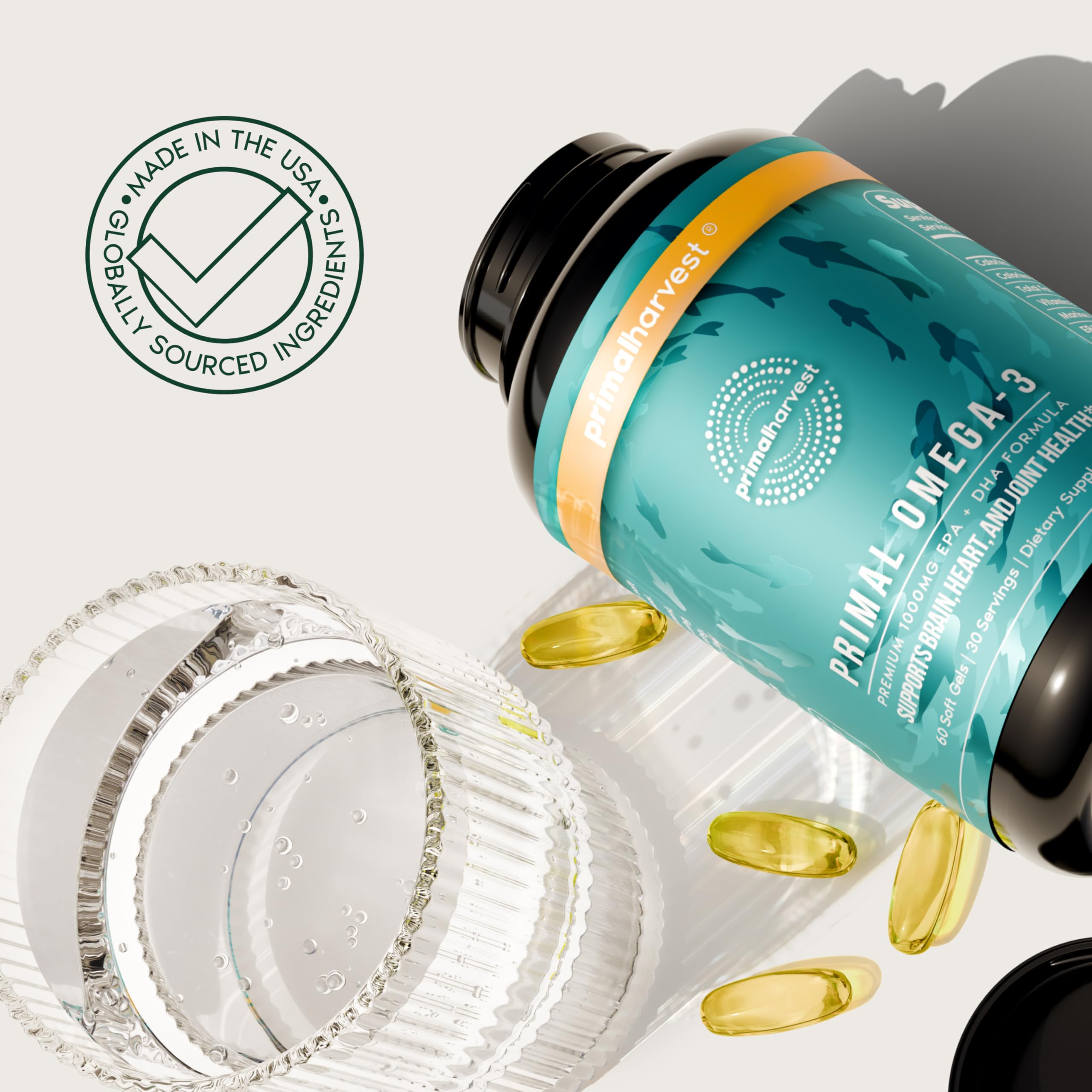 Primal Harvest softgels next to a breakfast plate showing easy morning use