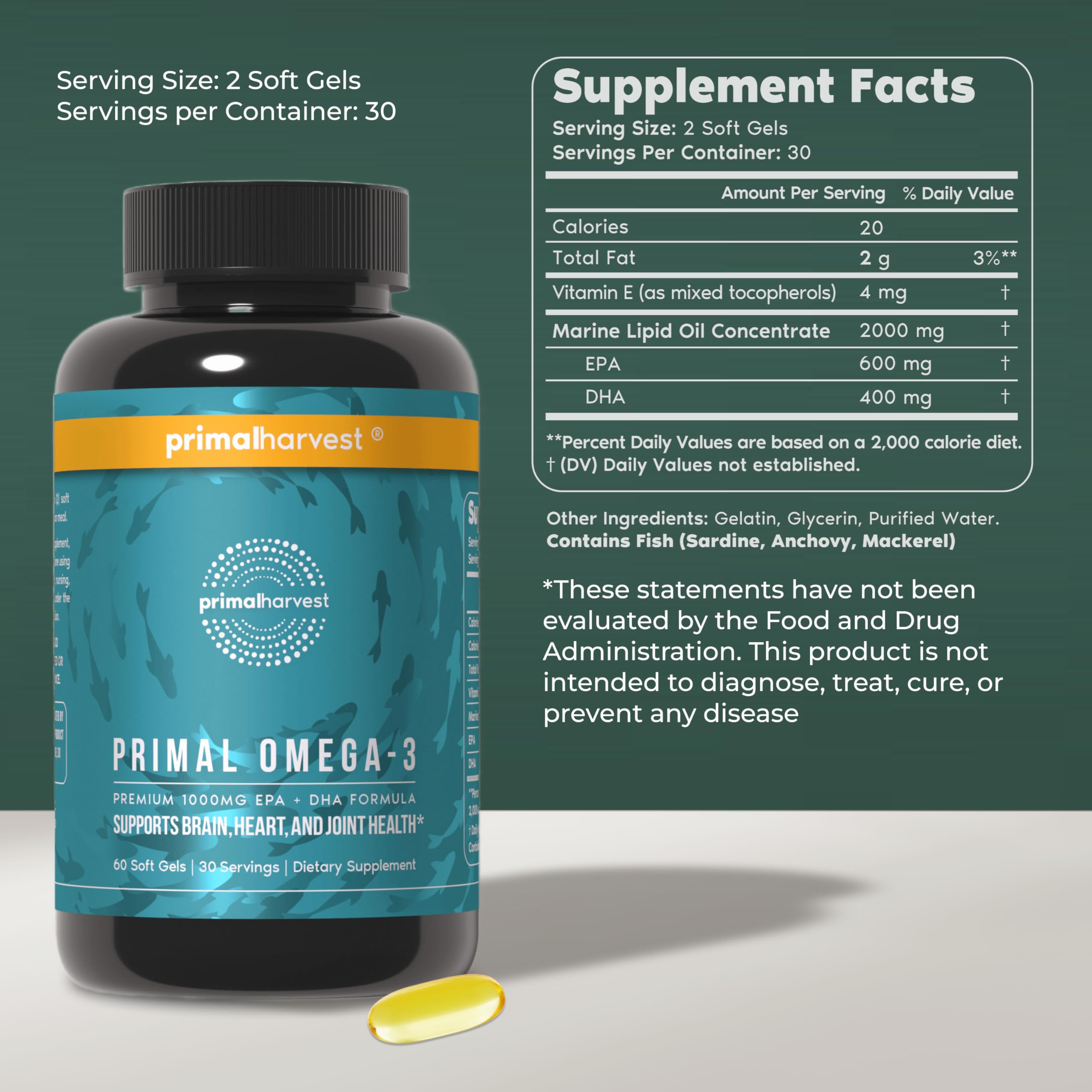 Primal Harvest clear close-up of glossy omega-3 softgel texture and purity