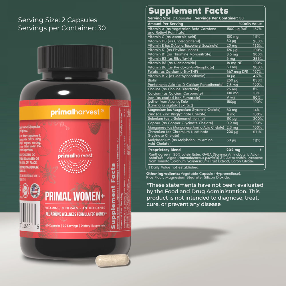 Primal Harvest Women+ capsules close-up highlighting vegetarian capsule