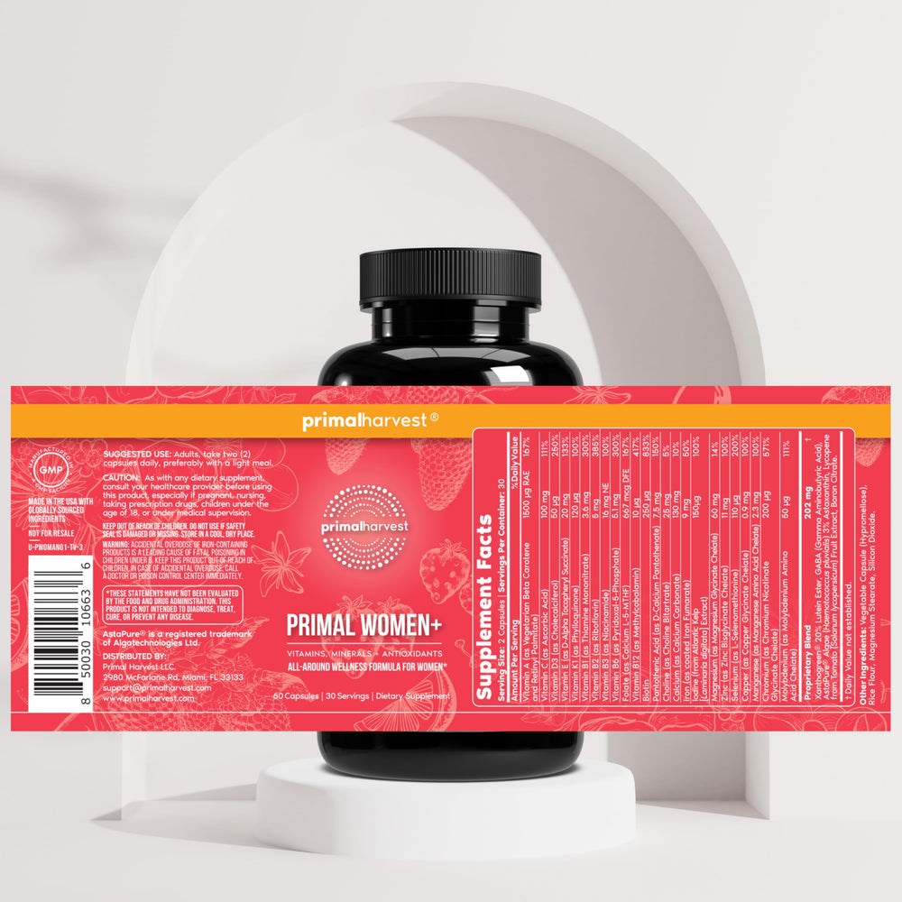 Primal Harvest Women+ ingredient list flatlay showing diverse nutrients