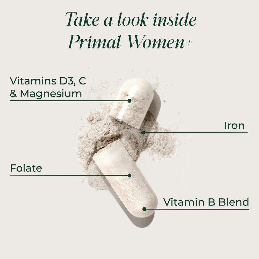Primal Harvest Women+ label detail showing key vitamins and minerals