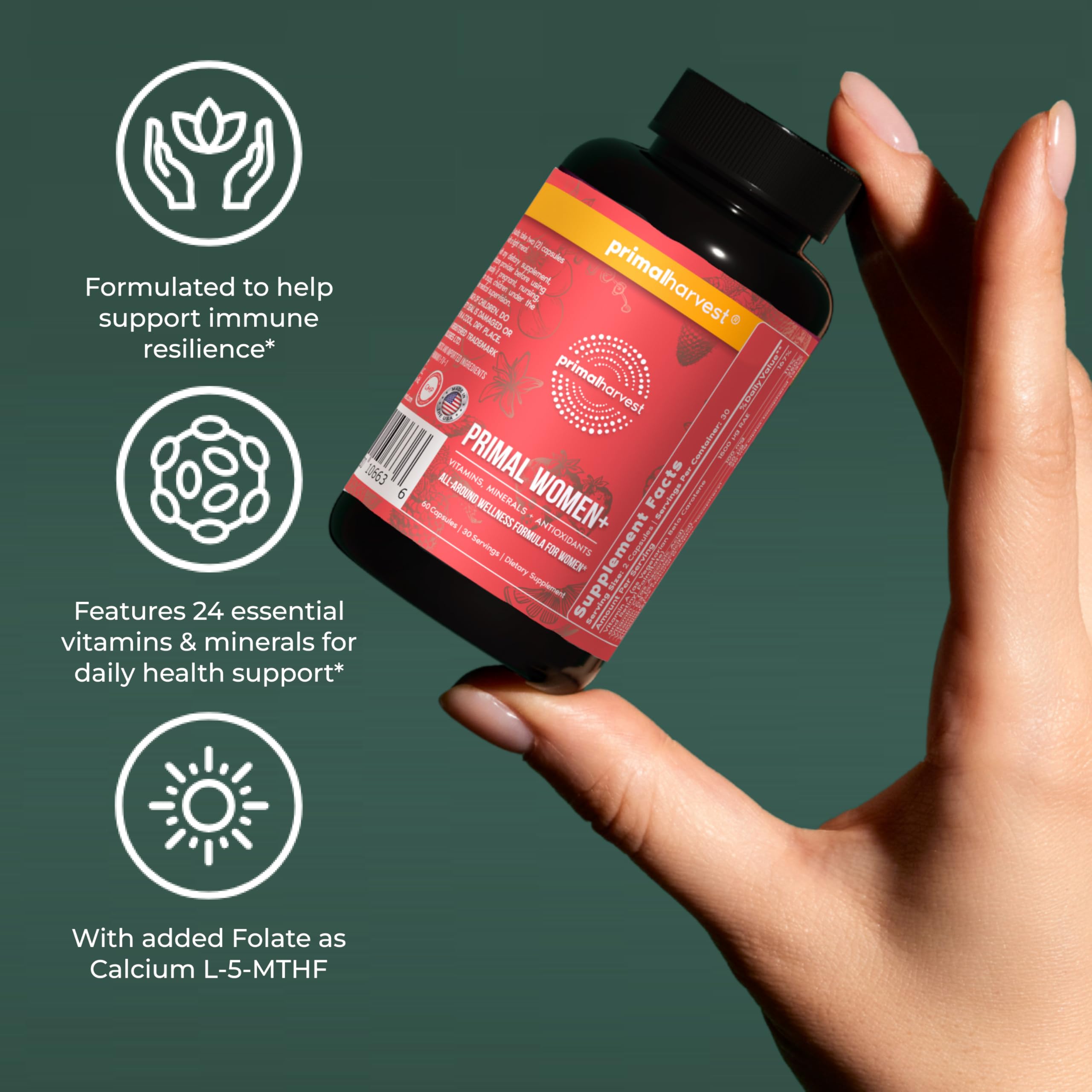 Primal Harvest Women+ on a kitchen counter with breakfast to show daily use