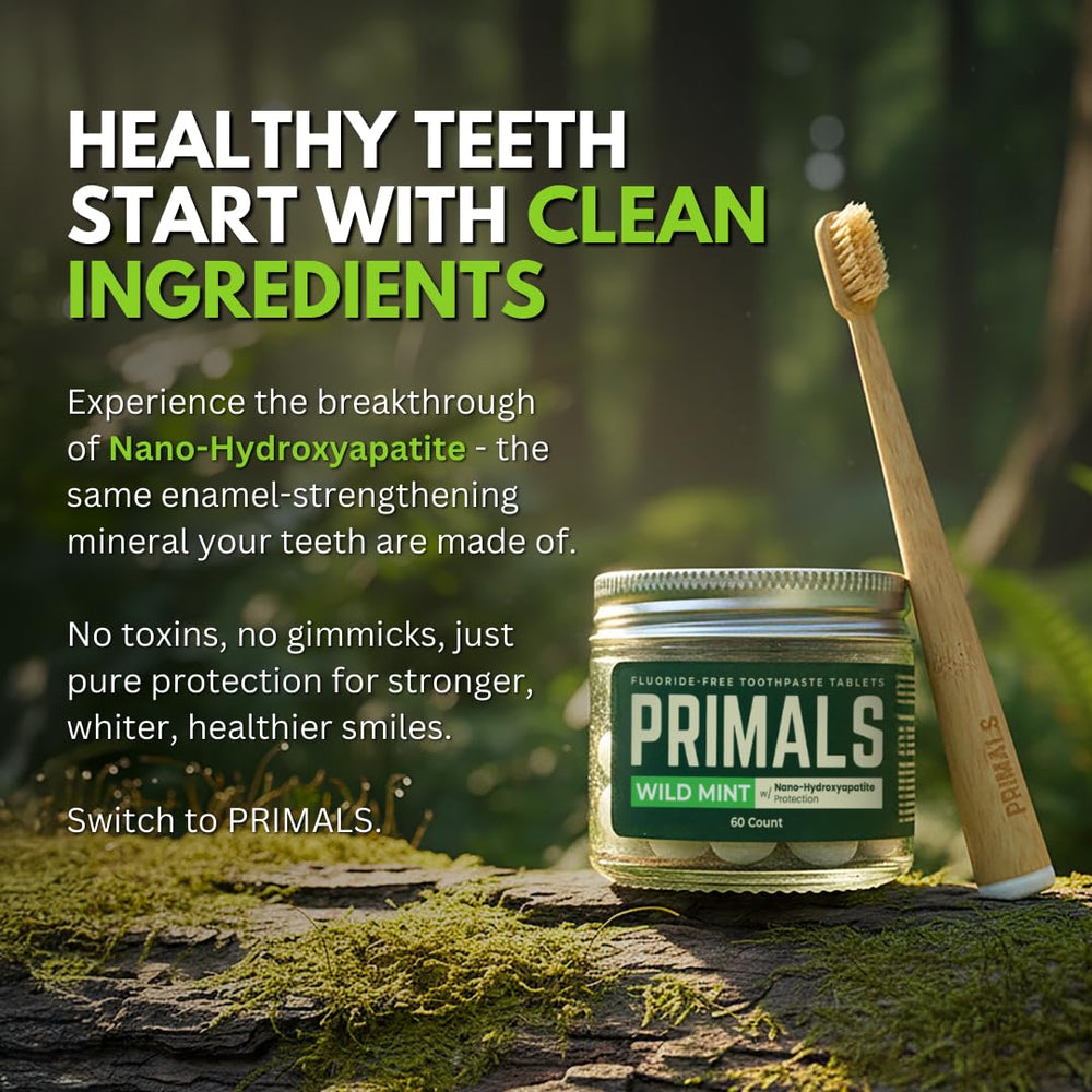 PRIMALS baking soda and calcium carbonate display showing natural polishing