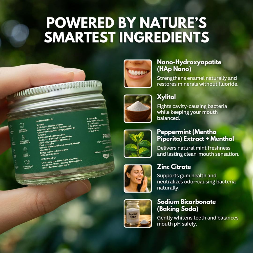 PRIMALS open jar with tablets showing refillable, zero-plastic advantage