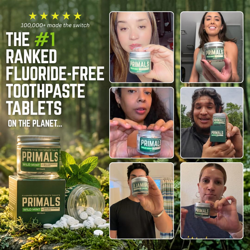 PRIMALS tablet on toothbrush after chewing demonstrating ready-to-brush ease