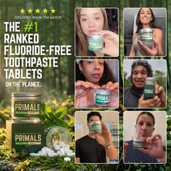PRIMALS tablet on toothbrush after chewing demonstrating ready-to-brush ease