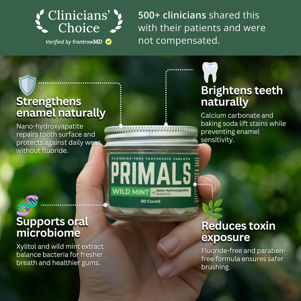 PRIMALS tablet close-up texture highlighting chewable, measured dose