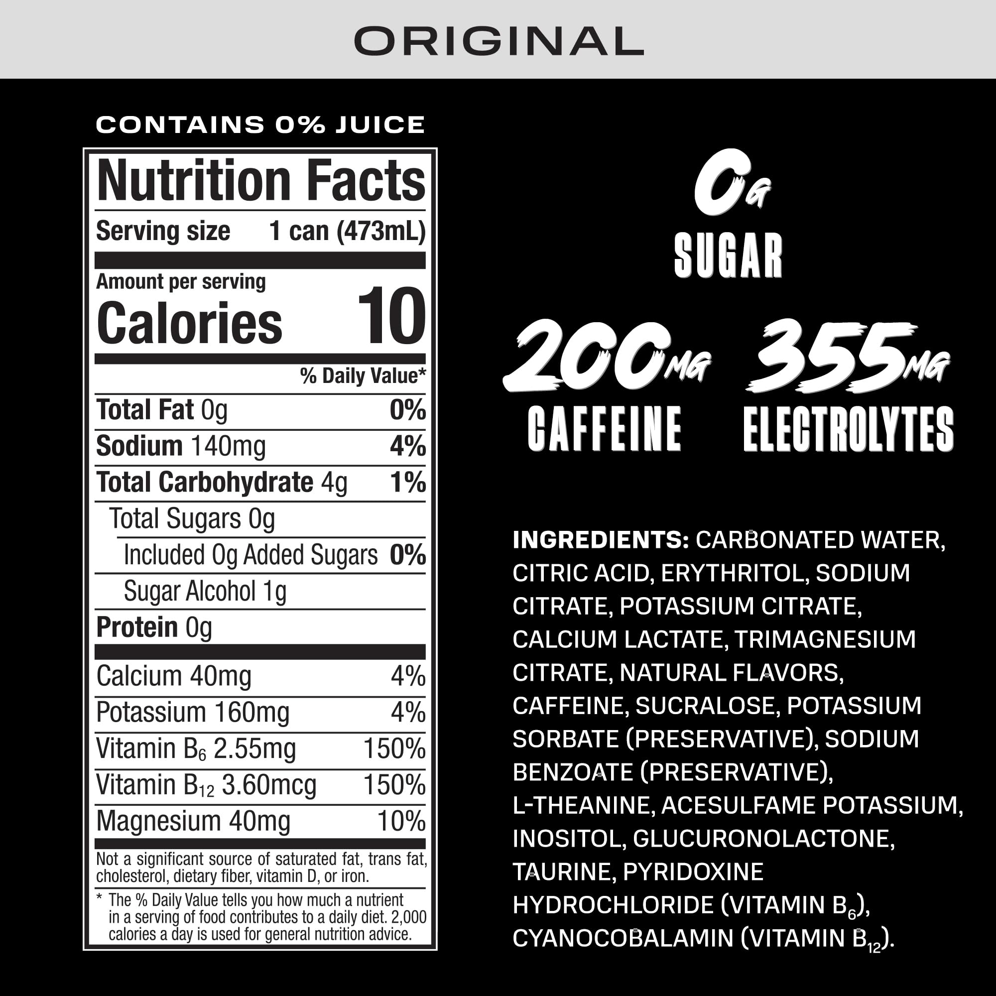 PRIME HYDRATION side label detail highlighting caffeine and electrolyte facts benefit: informs ingredients