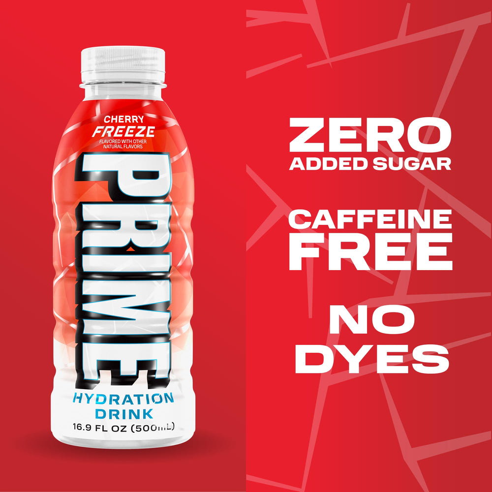 PRIME Hydration Cherry Freeze 12-pack box stacked, showing bulk convenience and stocking benefit