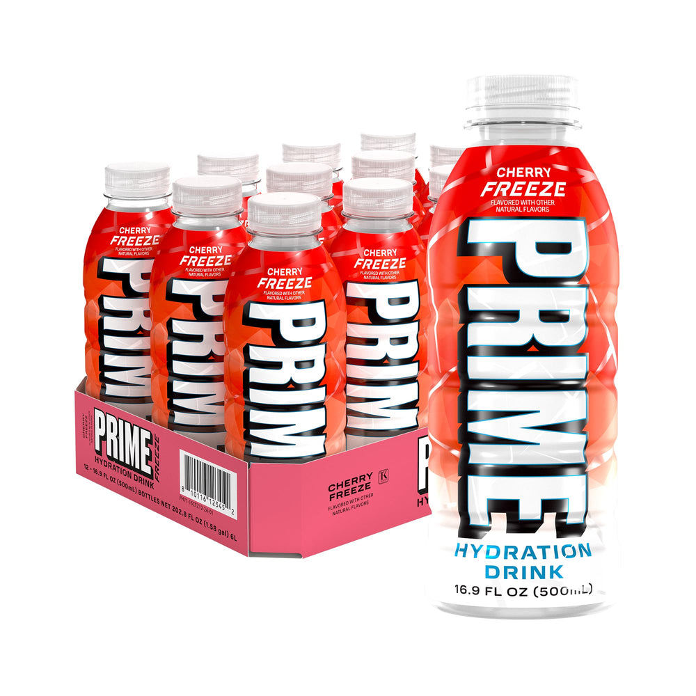 PRIME Hydration Cherry Freeze front packaging showing bold label and bottle benefits