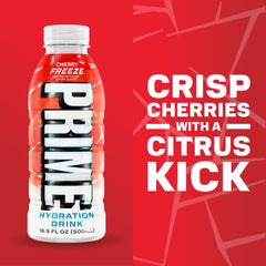 PRIME Hydration Cherry Freeze being poured into a glass for visible refreshment benefit