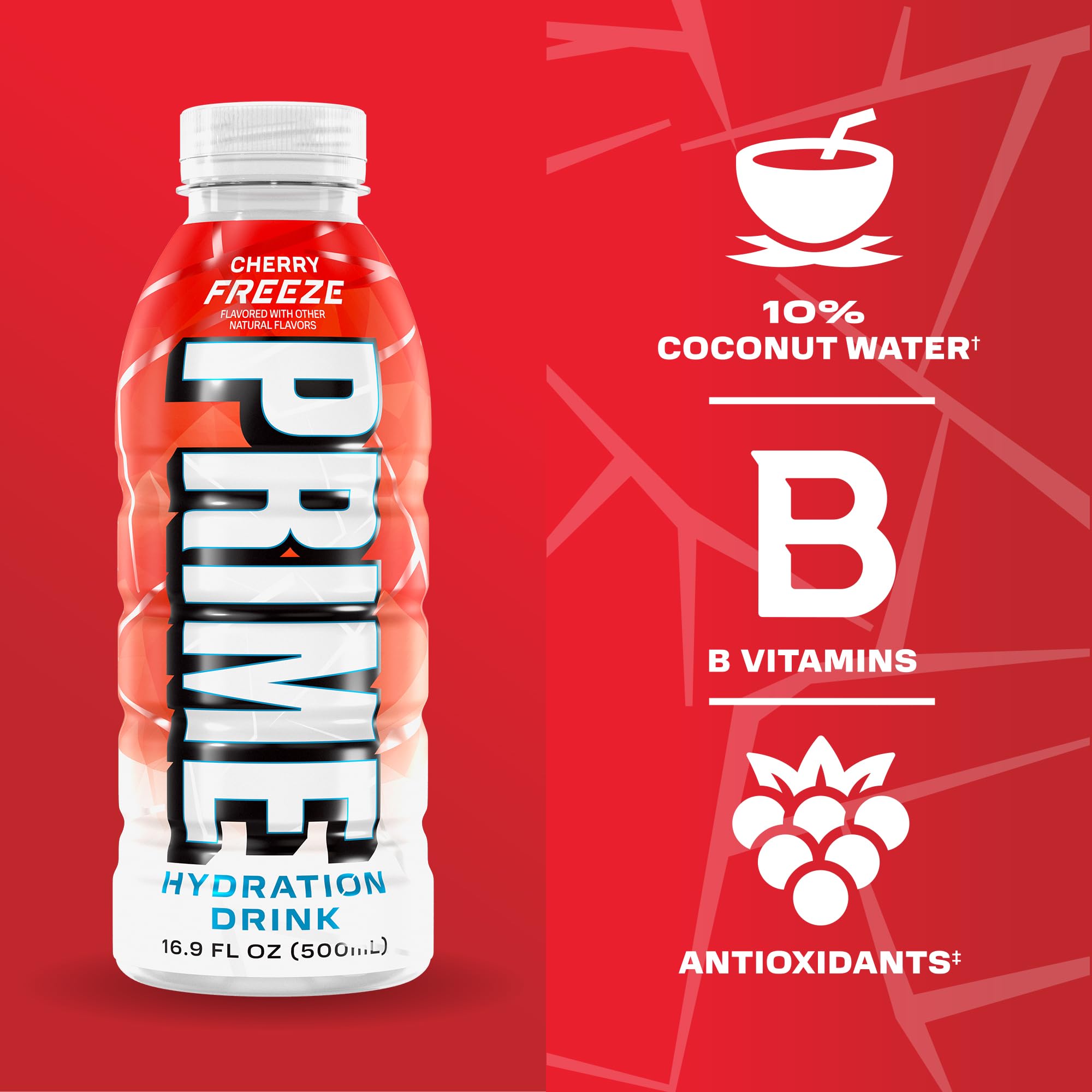 PRIME Hydration Cherry Freeze droplets on bottle emphasizing cold texture and thirst-quenching benefit
