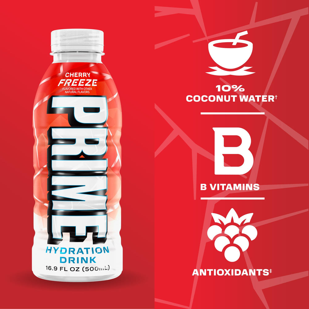 PRIME Hydration Cherry Freeze droplets on bottle emphasizing cold texture and thirst-quenching benefit