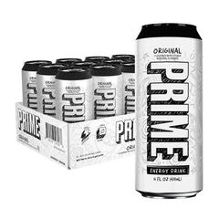 PRIME HYDRATION front can view showing Original flavor and bold design benefit: recognizable branding