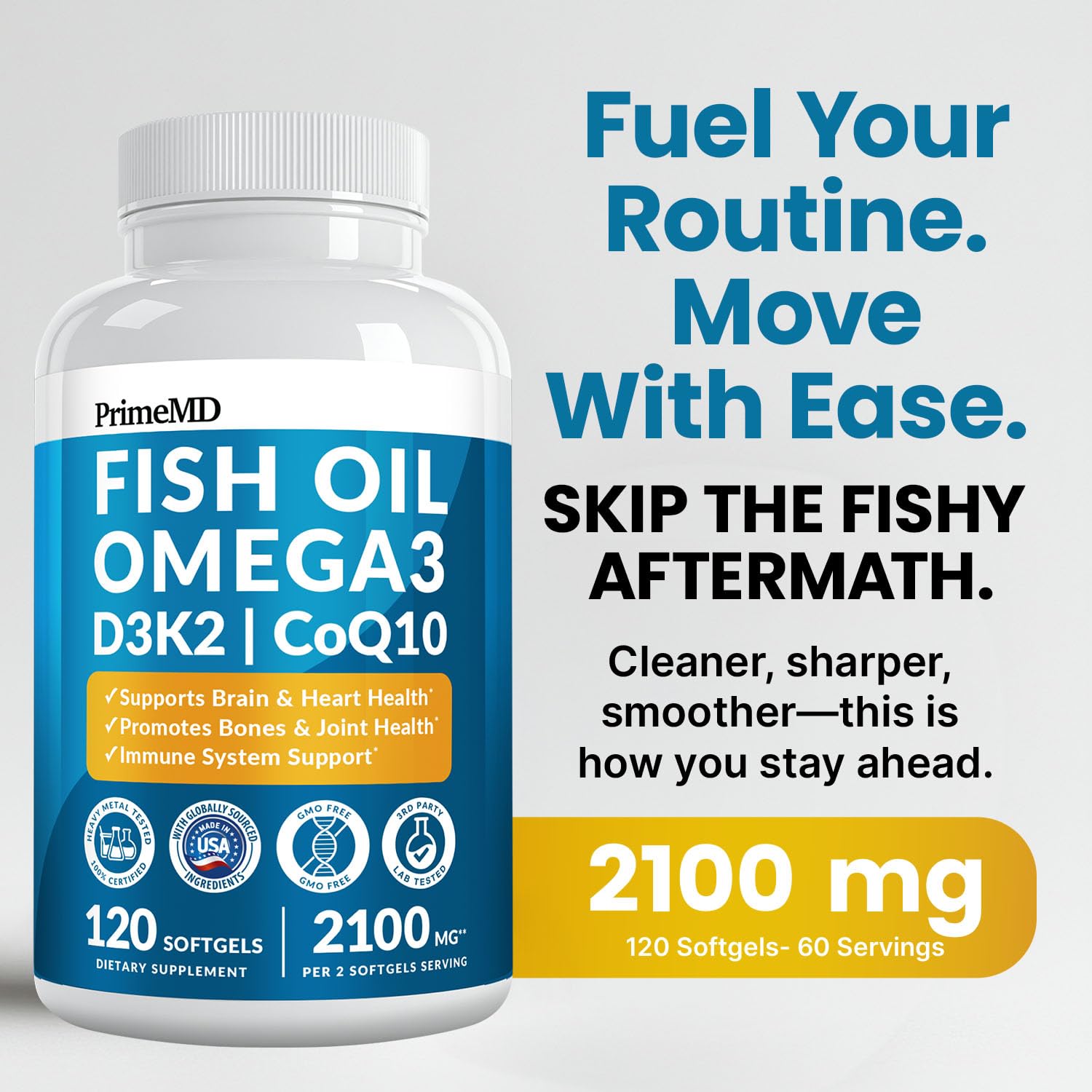PrimeMD softgels close-up showing smooth texture for easy swallowing
