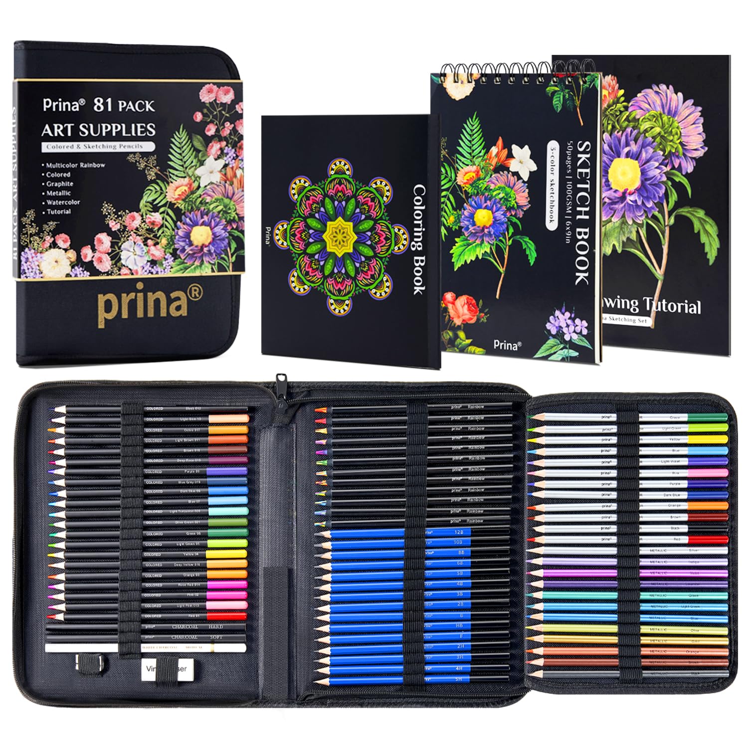 PRINA front of case open showing organized pencils and sketchbook, portable convenience