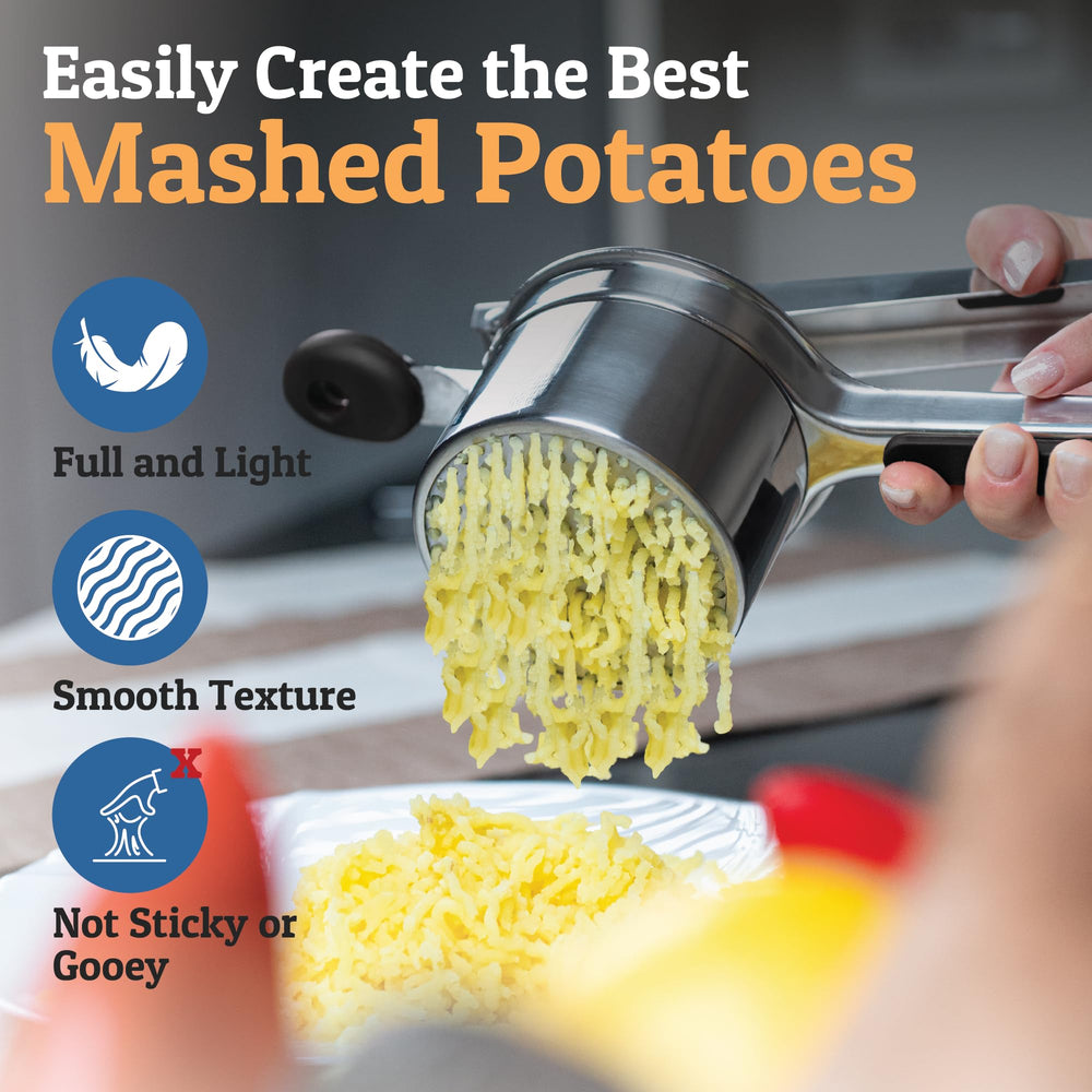 PriorityChef in-use pressing potatoes illustrating effortless pressing and consistent results