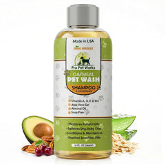Pro Pet Works front bottle view showing branding and oatmeal formula benefit