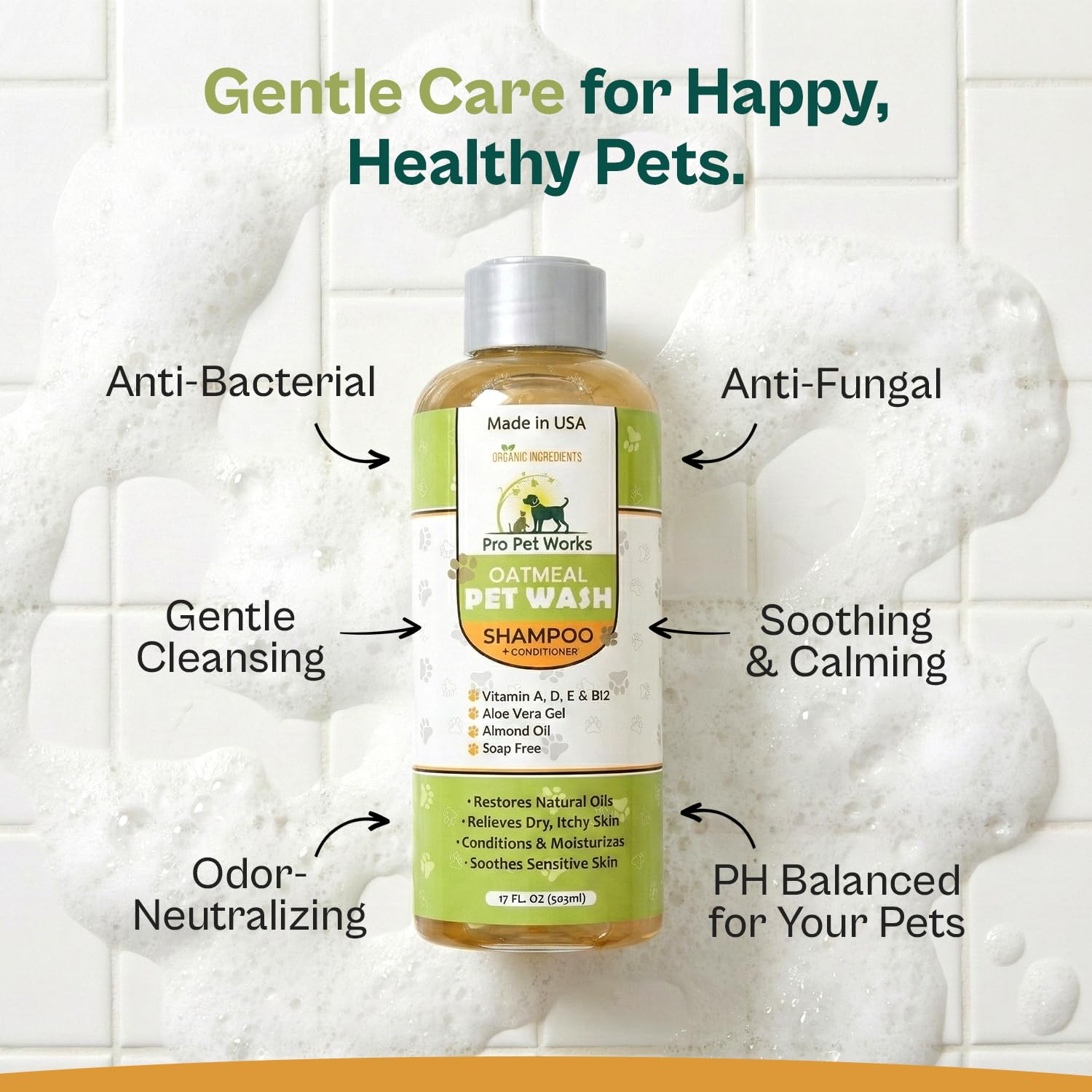 Pro Pet Works label close-up listing oatmeal, aloe, almond oil benefits