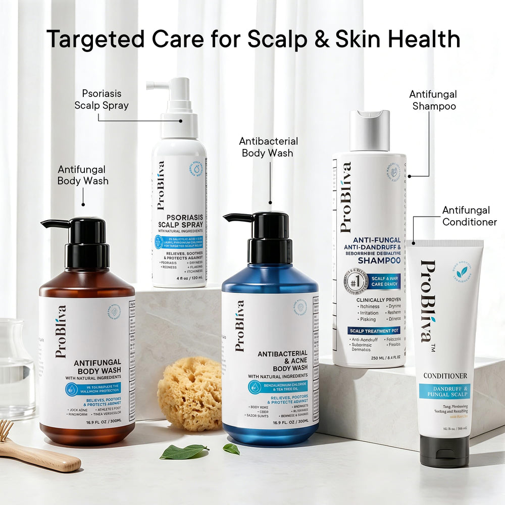 ProBliva on bathroom shelf among toiletries for convenient daily scalp care