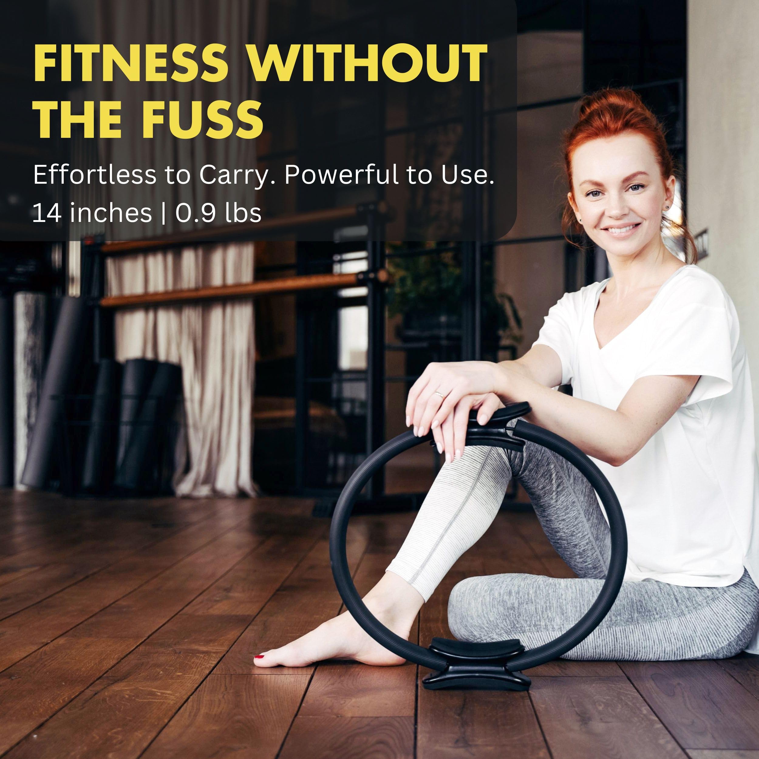 ProBody Pilates ring beside common objects showing 14-inch scale and easy travel size