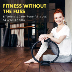 ProBody Pilates ring beside common objects showing 14-inch scale and easy travel size