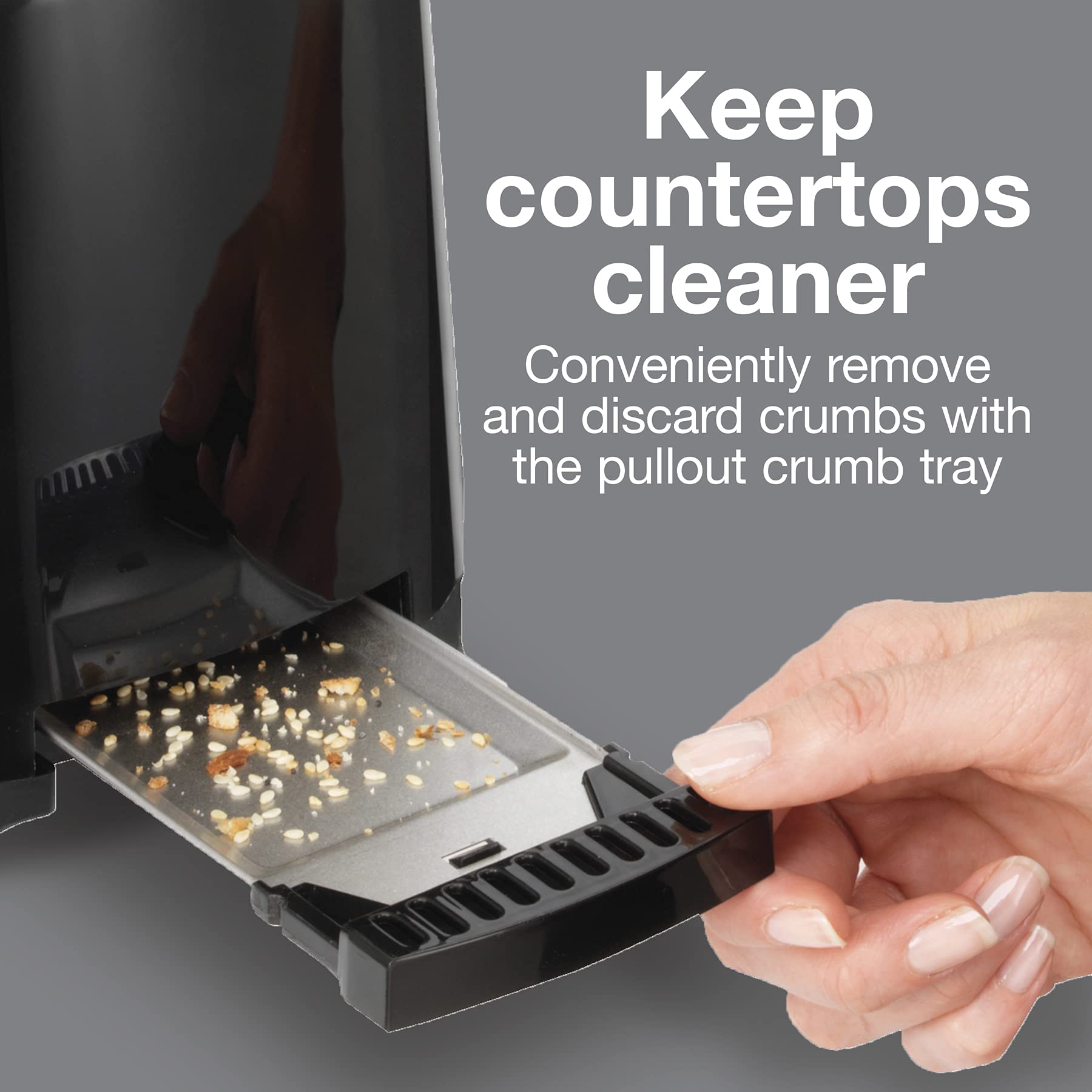 Proctor Silex removable crumb tray pulled out for quick no-mess cleaning