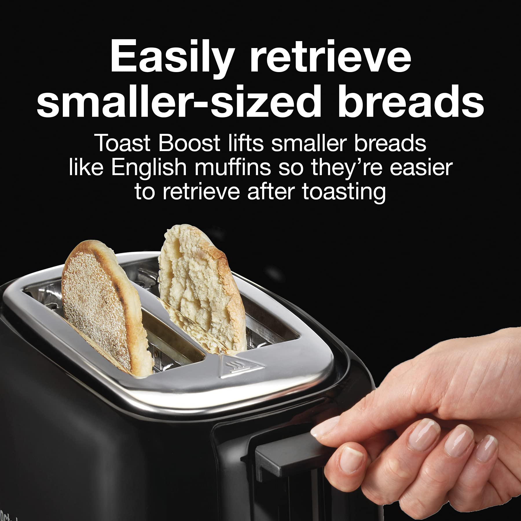 Proctor Silex Toast Boost lifting a smaller muffin for safe easy retrieval