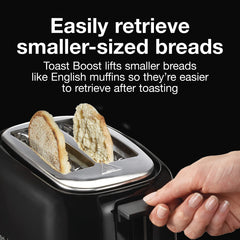 Proctor Silex Toast Boost lifting a smaller muffin for safe easy retrieval