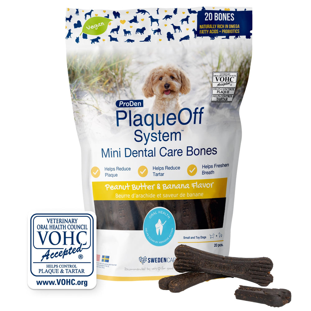 ProDen PlaqueOff front packaging showing product and flavor benefits