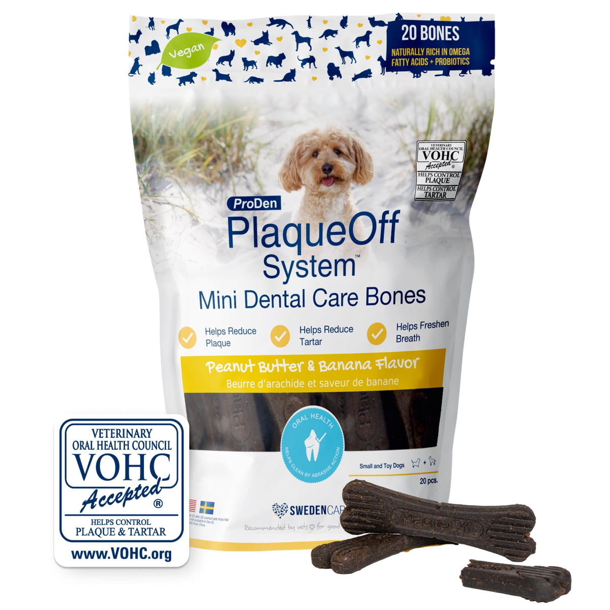ProDen PlaqueOff front packaging showing product and flavor benefits
