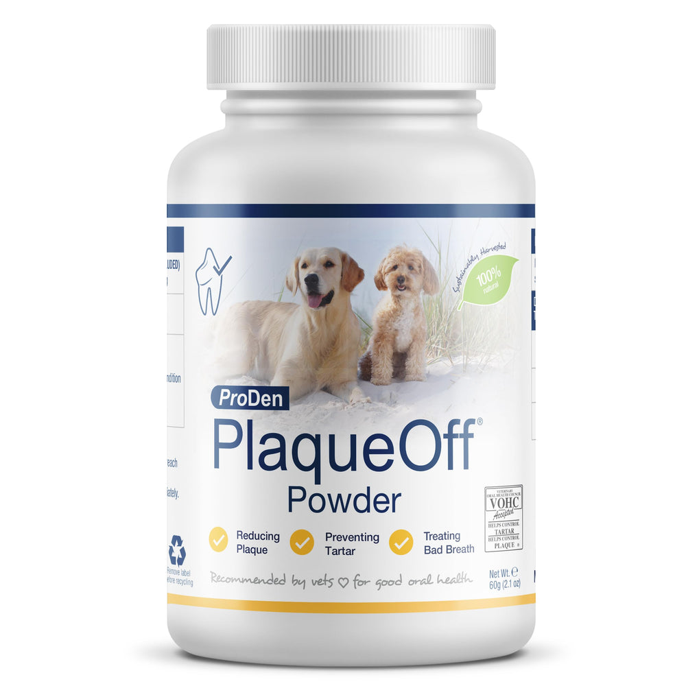 ProDen PlaqueOff front packaging showing 60g jar and benefits