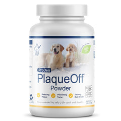 ProDen PlaqueOff front packaging showing 60g jar and benefits