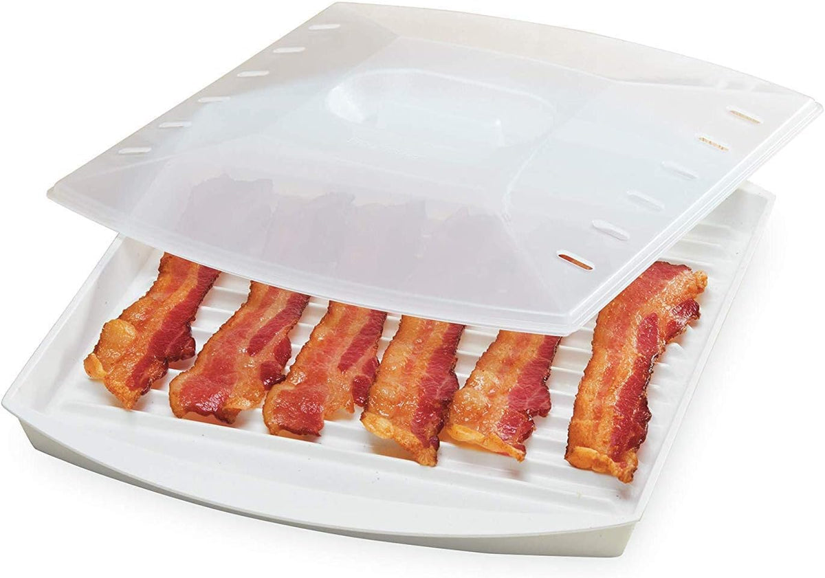 Progressive PrepSolutions bacon grill front view showing tray and vented cover, keeps microwave tidy