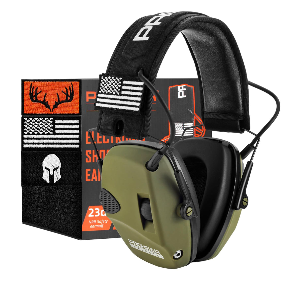 PROHEAR front view green muffs showing slim cups and padding for comfortable protection