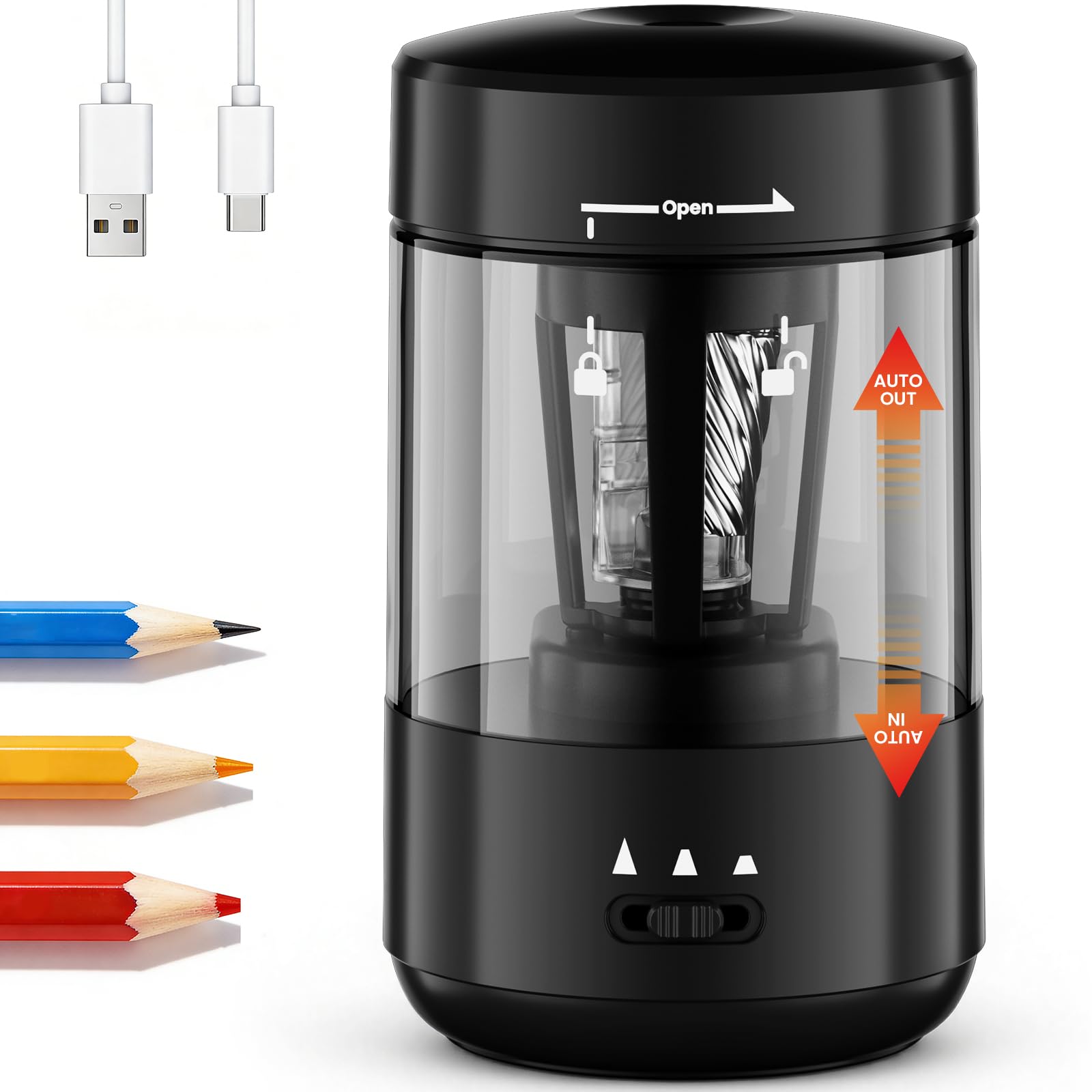 prolixity front view of black sharpener showing compact classroom-ready design and durability