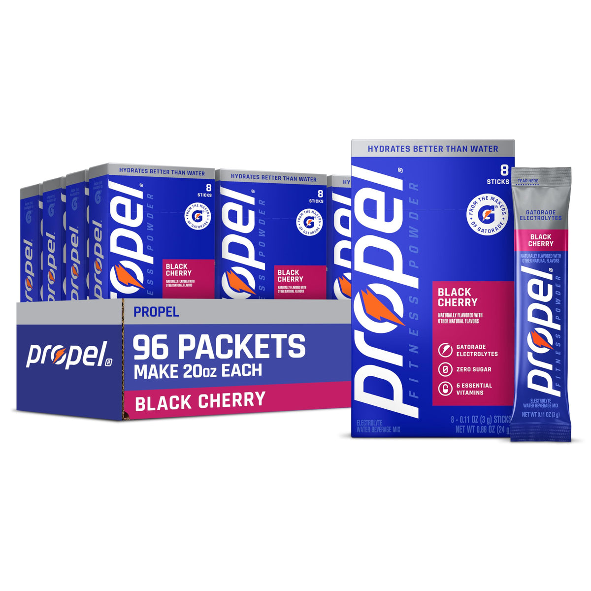 Propel black cherry front packaging showing 96 sticks and benefits