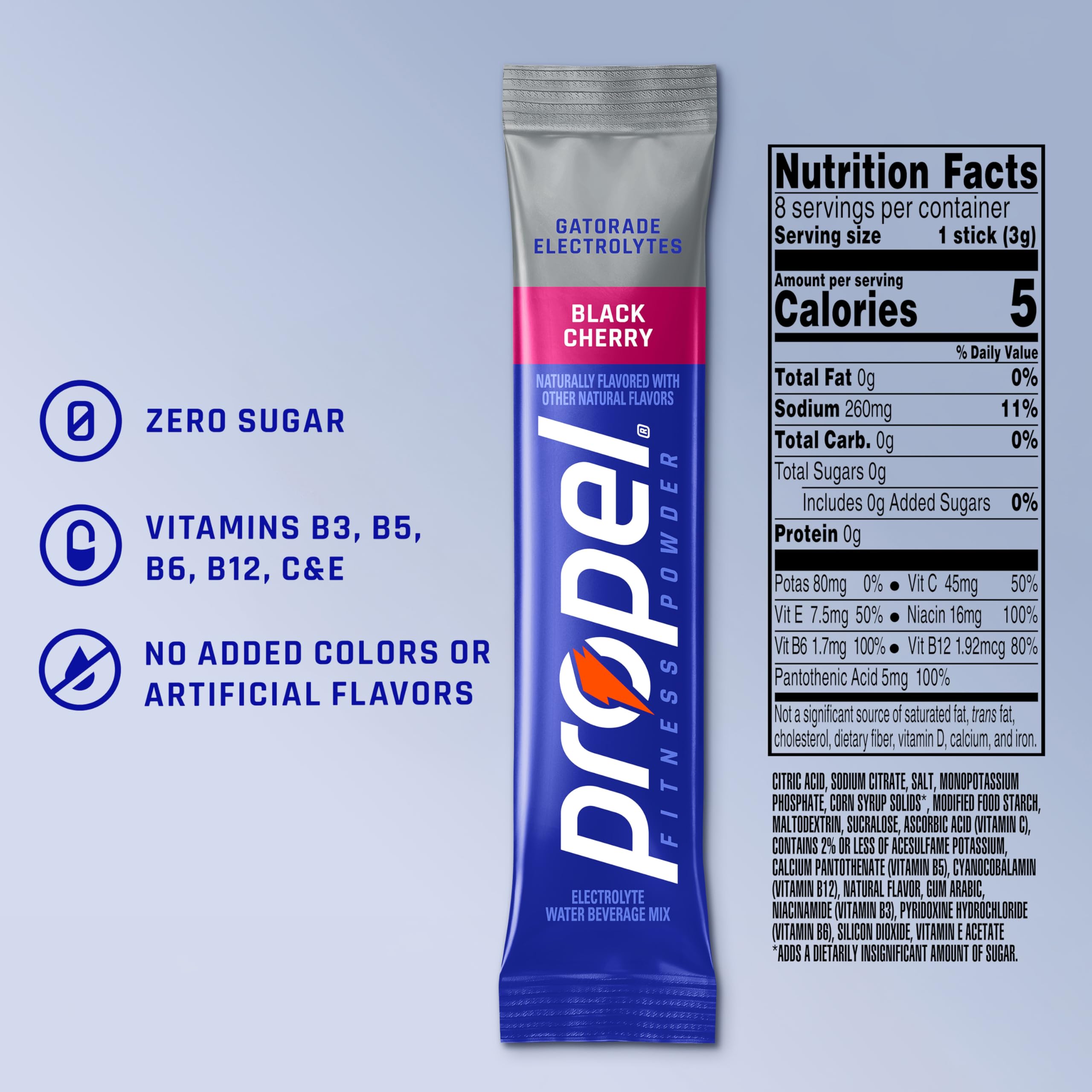 Propel black cherry single stick opened for quick on-the-go mixing