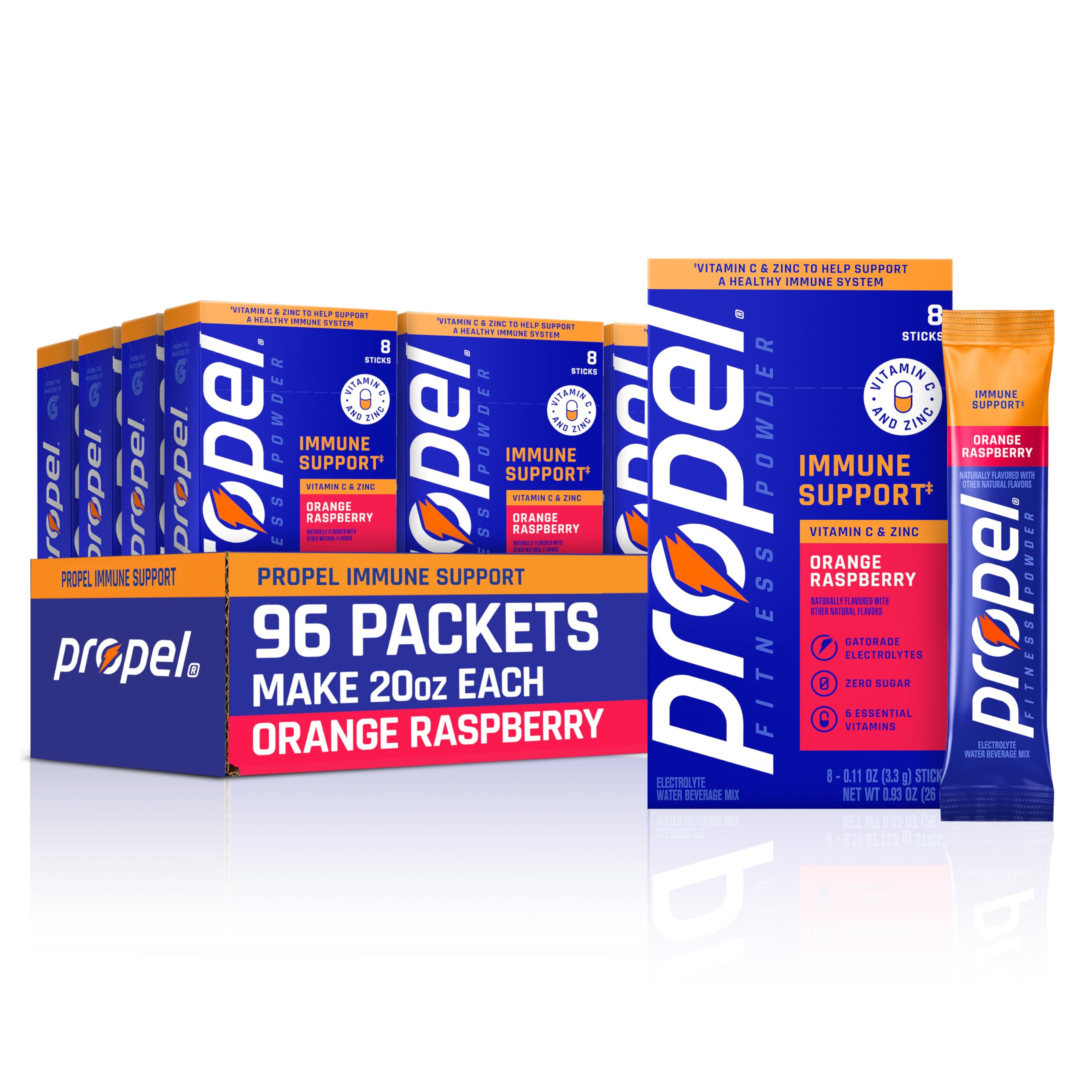 Propel front packaging showing orange raspberry flavor and 96 sticks for convenient hydration
