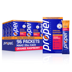 Propel front packaging showing orange raspberry flavor and 96 sticks for convenient hydration