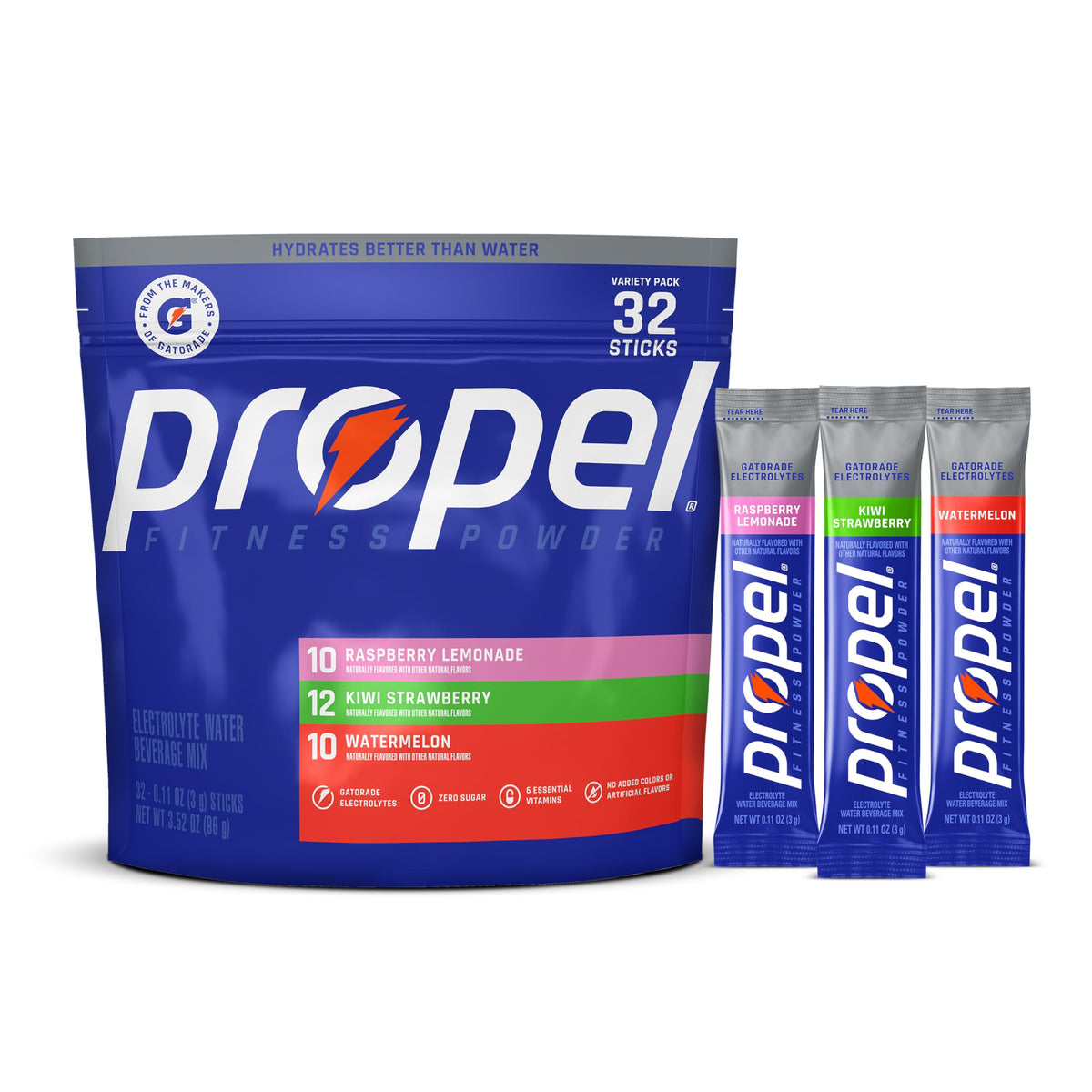 Propel front pouch packaging showing variety pack and zero sugar benefit