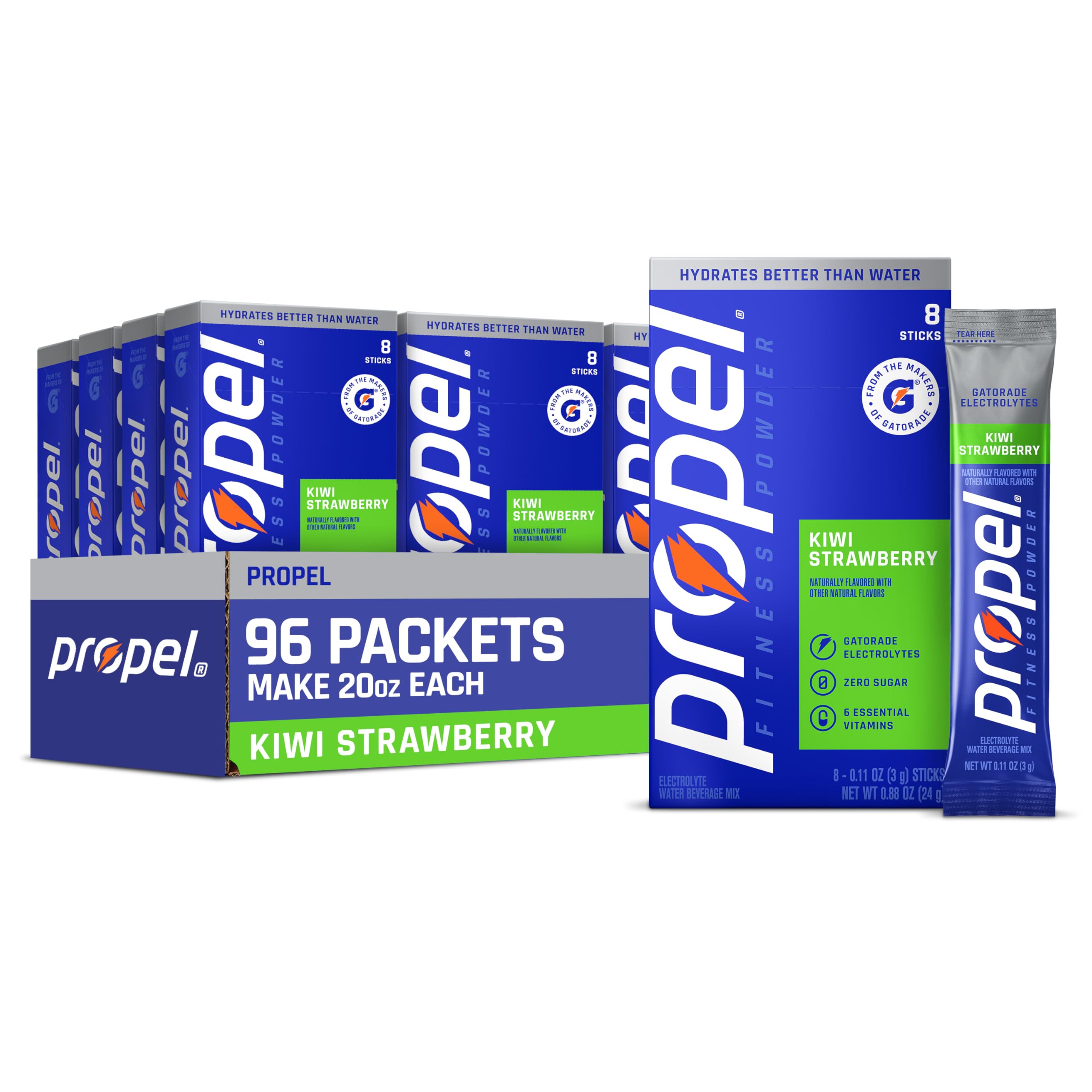 Propel front packaging showing kiwi strawberry flavor and 96 servings, brand hydration clarity