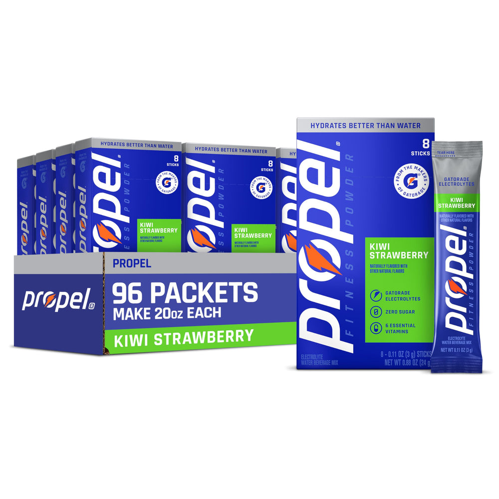 Propel front packaging showing kiwi strawberry flavor and 96 servings, brand hydration clarity