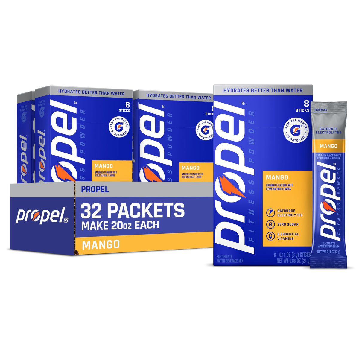 Propel front packaging showing mango flavor and 32 servings benefit