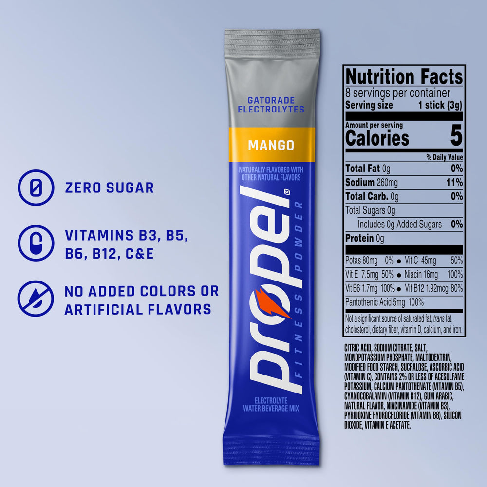 Close-up of a Propel single stick packet emphasizing easy portability