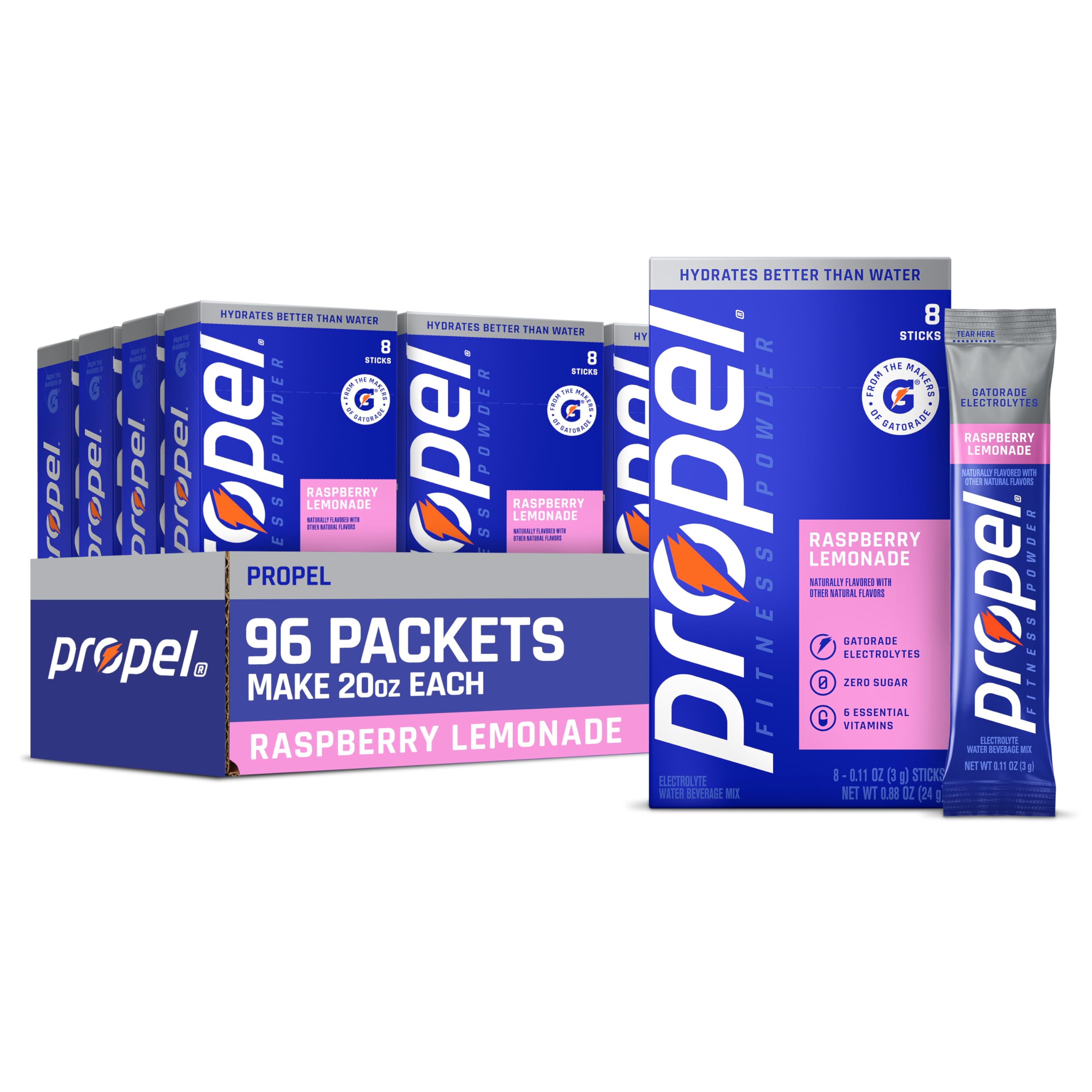 Propel front packaging showing raspberry lemonade flavor and zero sugar benefit