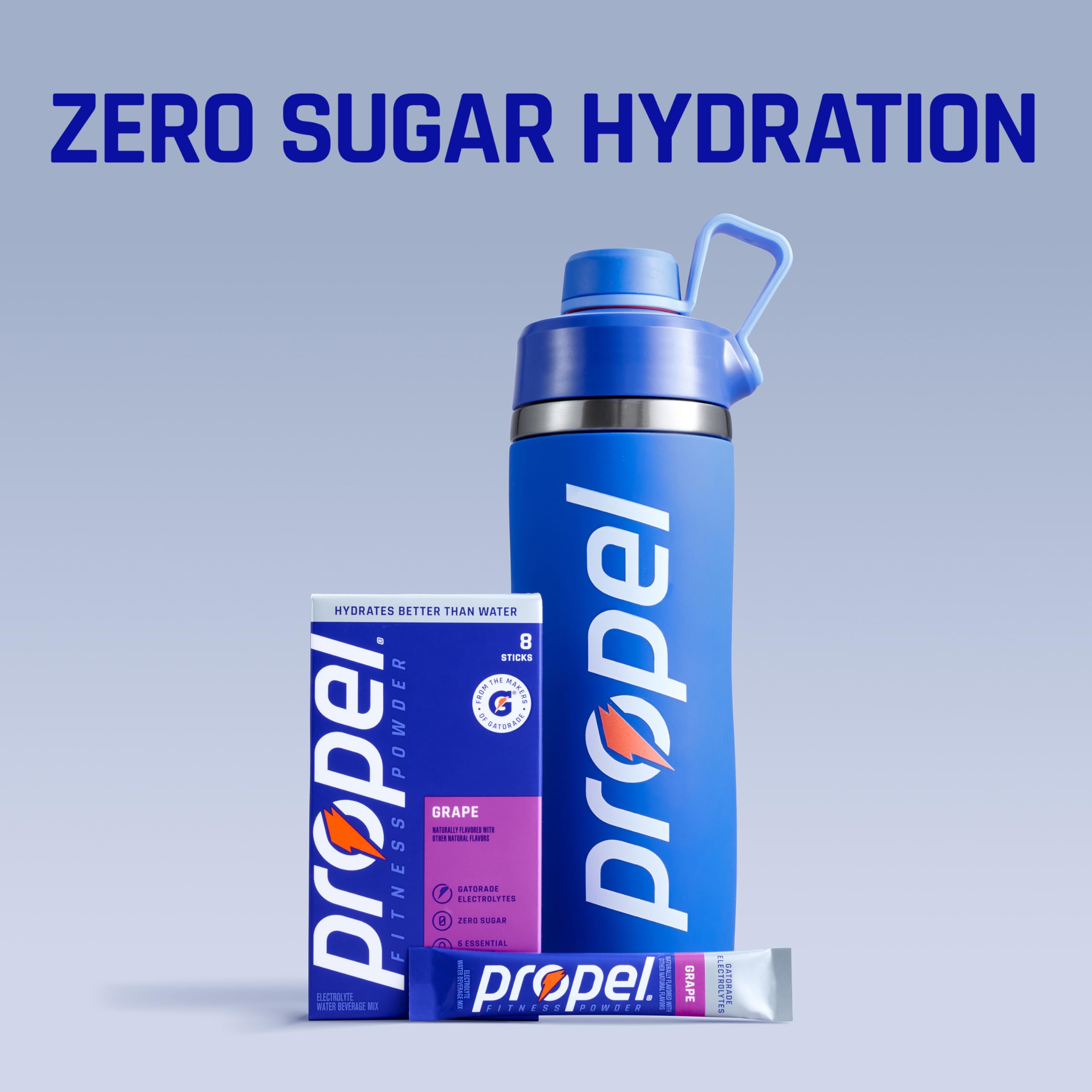 Propel next to water bottle for scale showing stick size and serving guidance