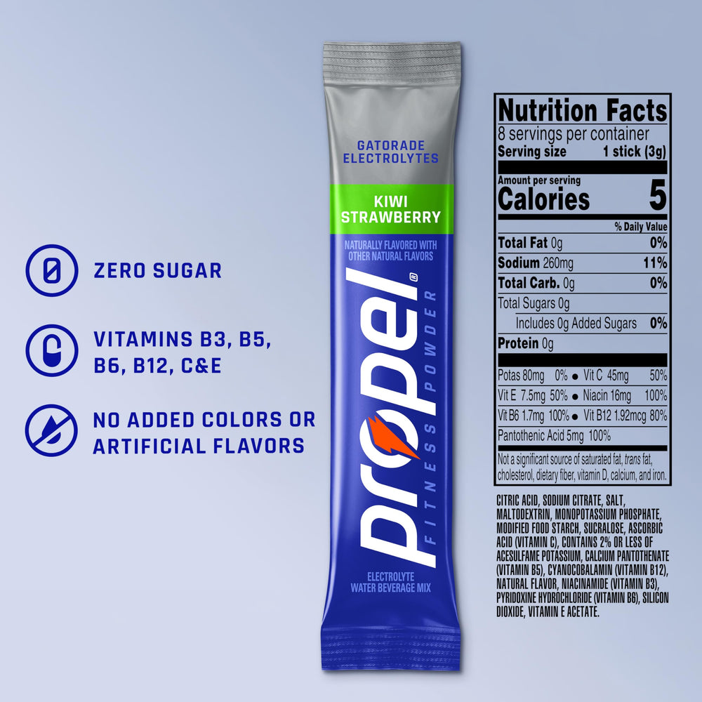 Opened Propel single-serve sticks visible, brand convenience for on-the-go mixing